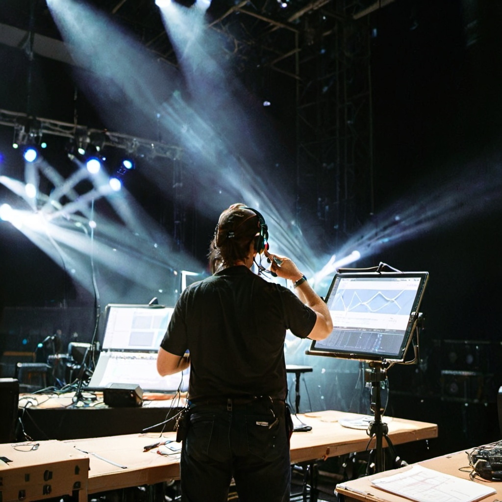 A technical director managing live event production, seated at a control console with multiple monitors, overseeing lighting, audio, and video systems, with a vibrant stage setup in the background. Steve L Grier